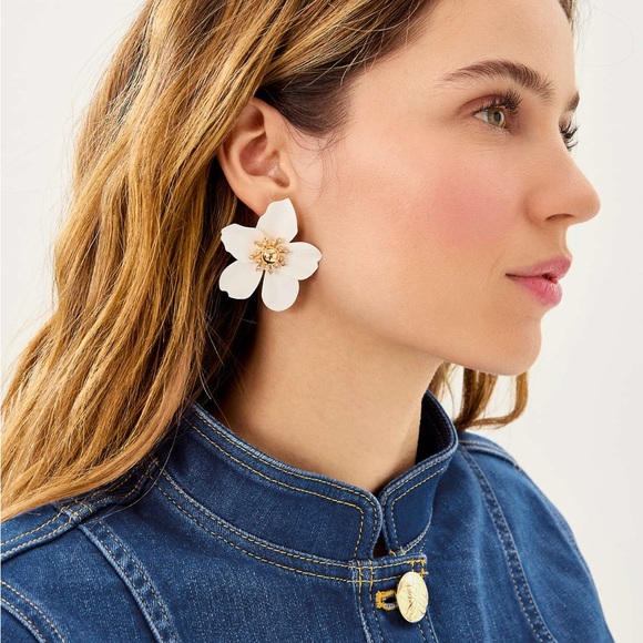 Lilly Pulitzer Oversized White/Gold/CZ Orchid Pierced Earrings - Picture 3 of 8